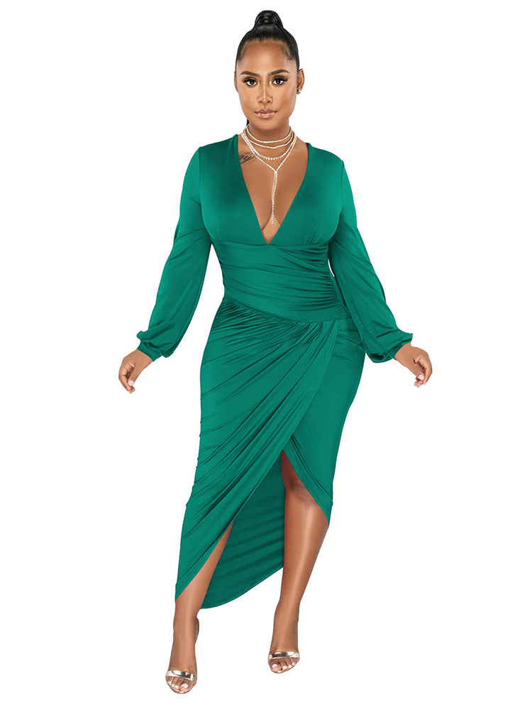 Deep V Neck Long Sleeve Ruched Split Maxi Dresses