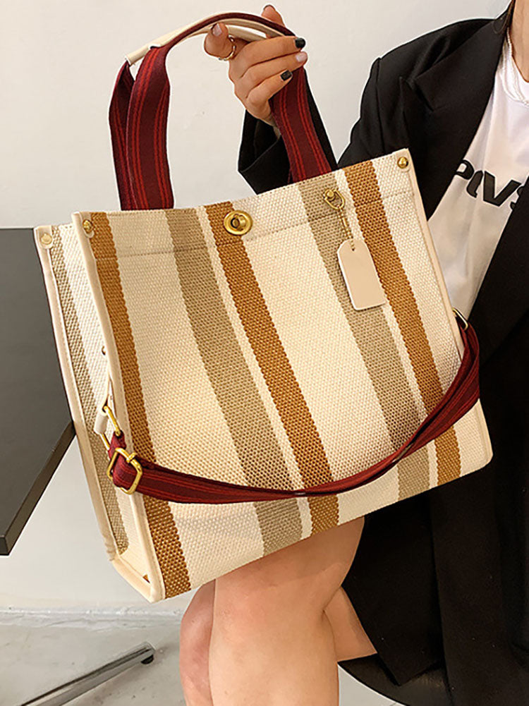 Striped Print Canvas Tote Shoulder Bags