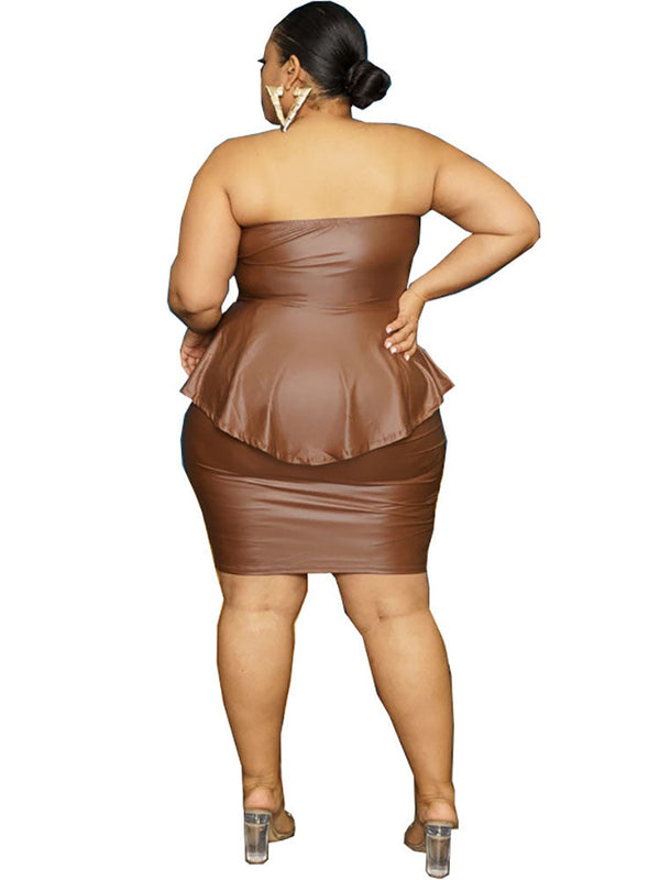 Plus Size Two Piece PU Leather Skirt Suits