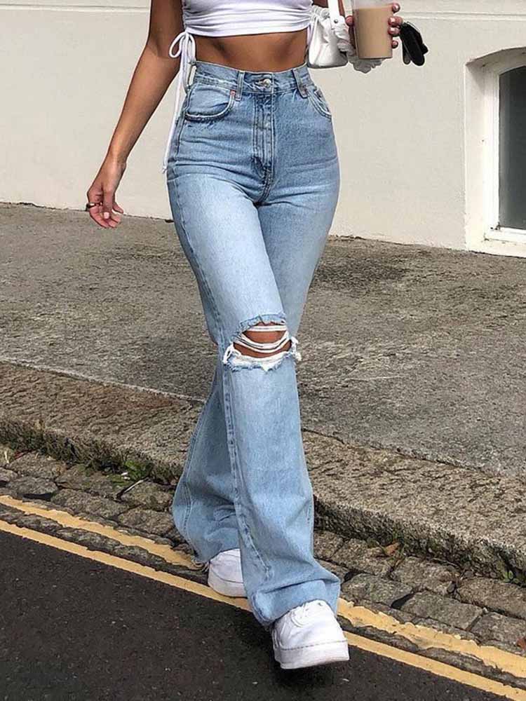 Destroyed Flare High Waist Denim Pants