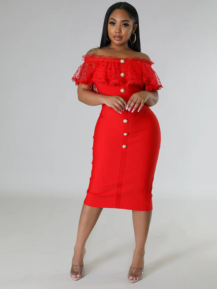 Off Shoulder Mesh Ruffle Split Midi Dress