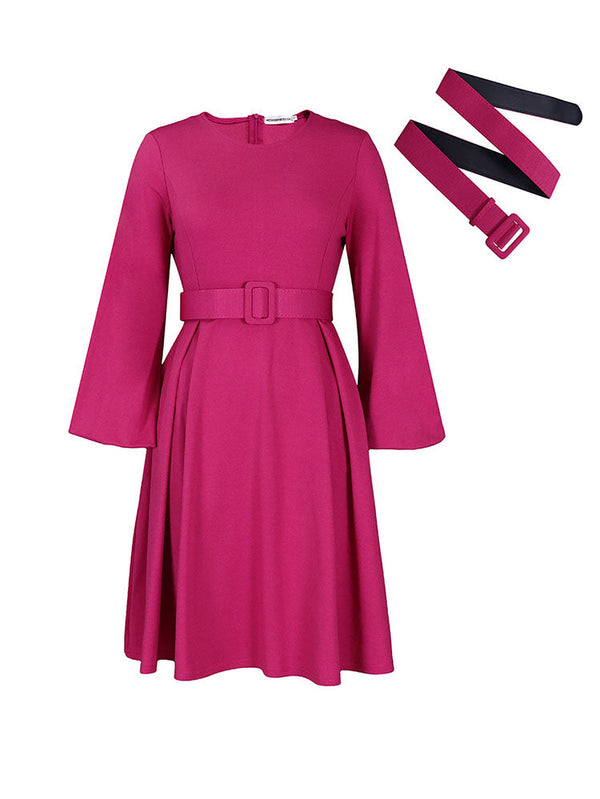 Long Sleeve Round Neck Ruched Midi Dress