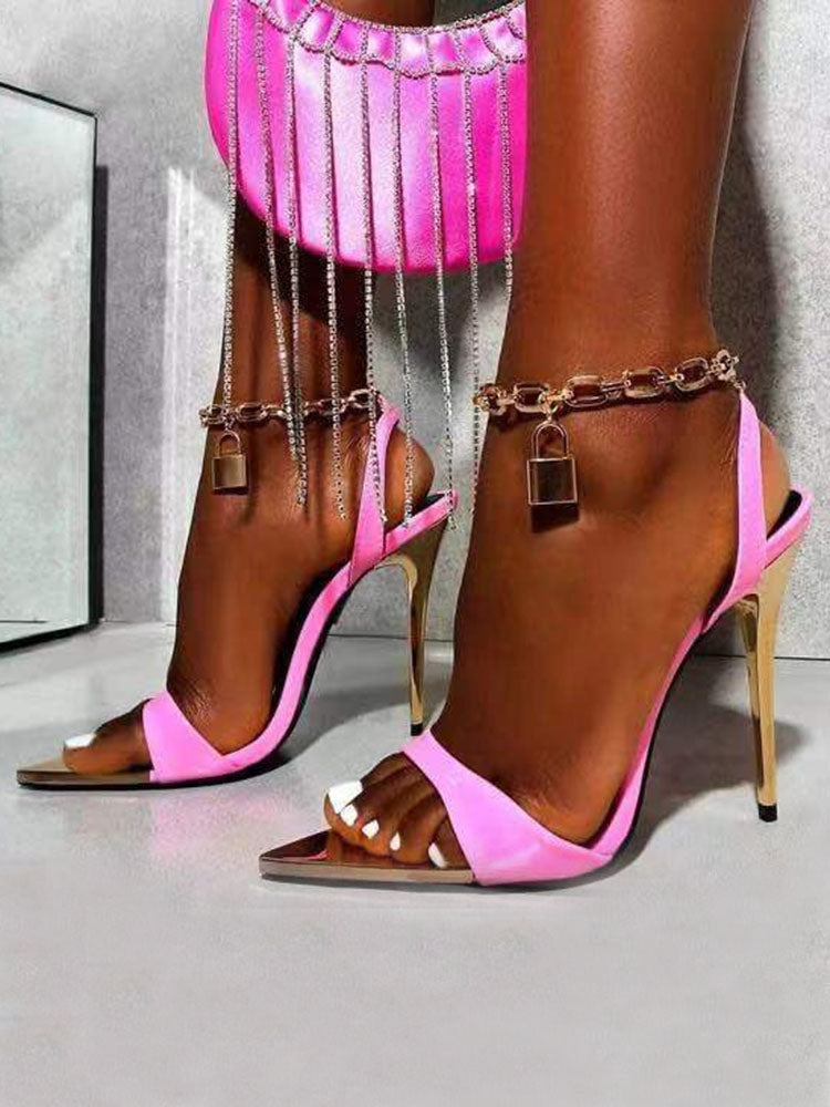 Metallic Chain Pointed Toe Stiletto Sandals