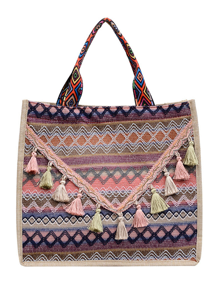 Cotton Linen Tassels Print Tote Shoulder Bags