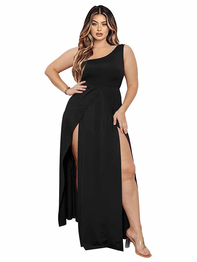 One Shoulder Split Solid Maxi Dresses