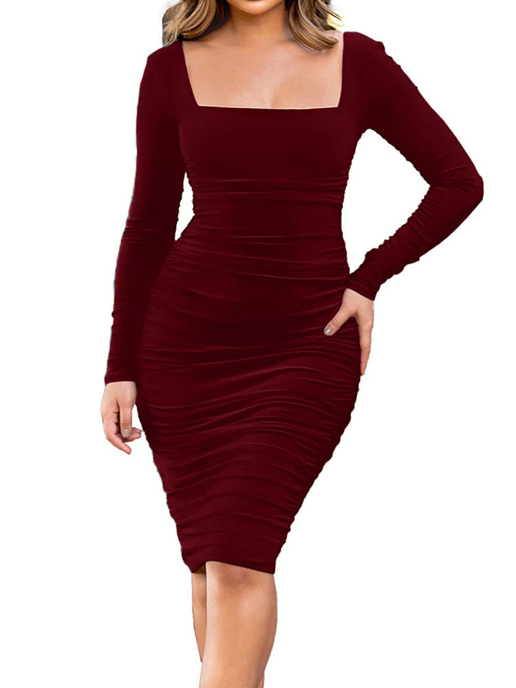 Square Neck Backless Ruched Midi Dresses