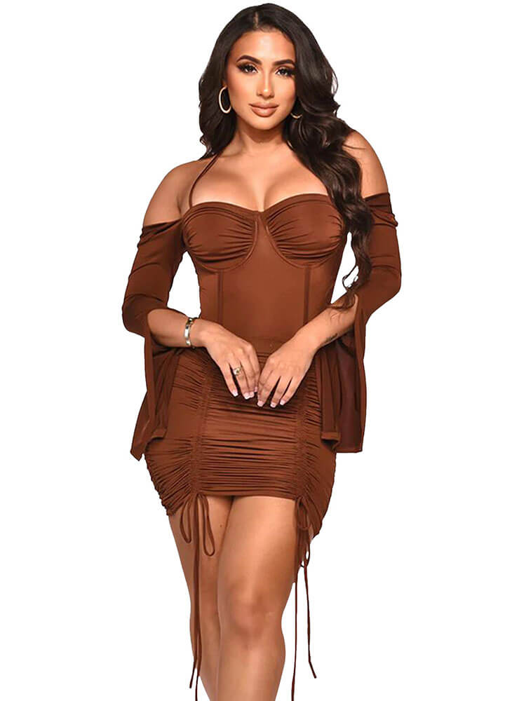 Off Shoulder Backless Bodycon Drawstring Ruched Mini Dresses