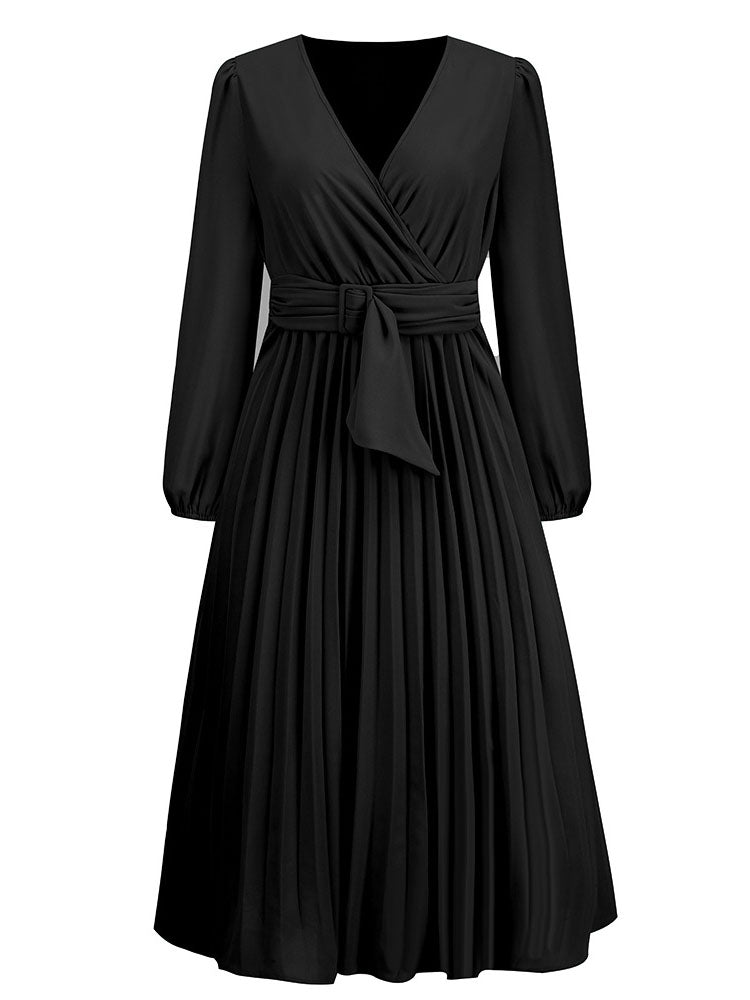 Long Sleeve Pleated Belted Midi Dresses