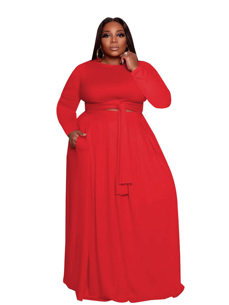 Two Piece Solid Crop Top Maxi Skirt Plus Size Set