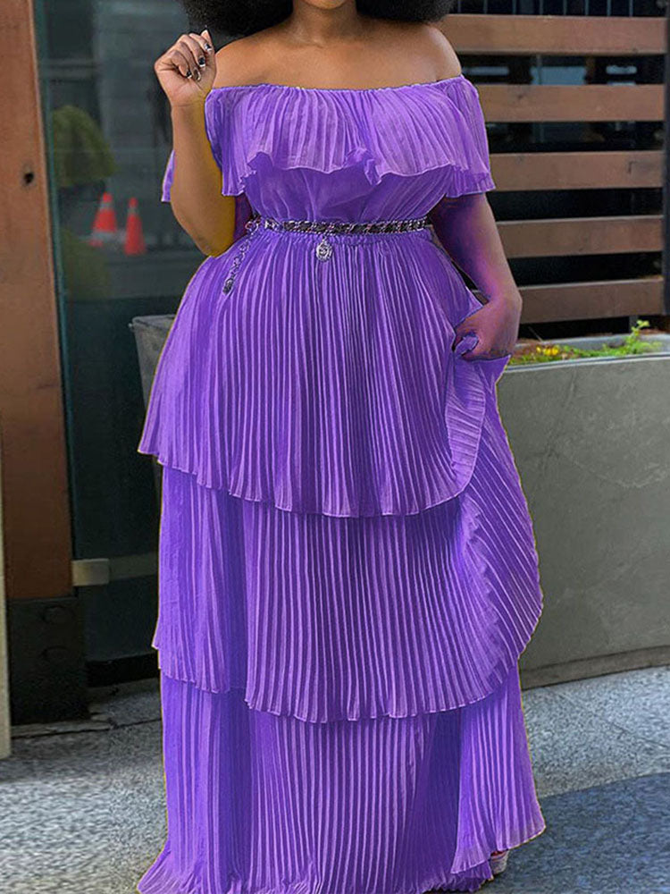 Off Shoulder Layered Pleated Plus Size Maxi Dresses