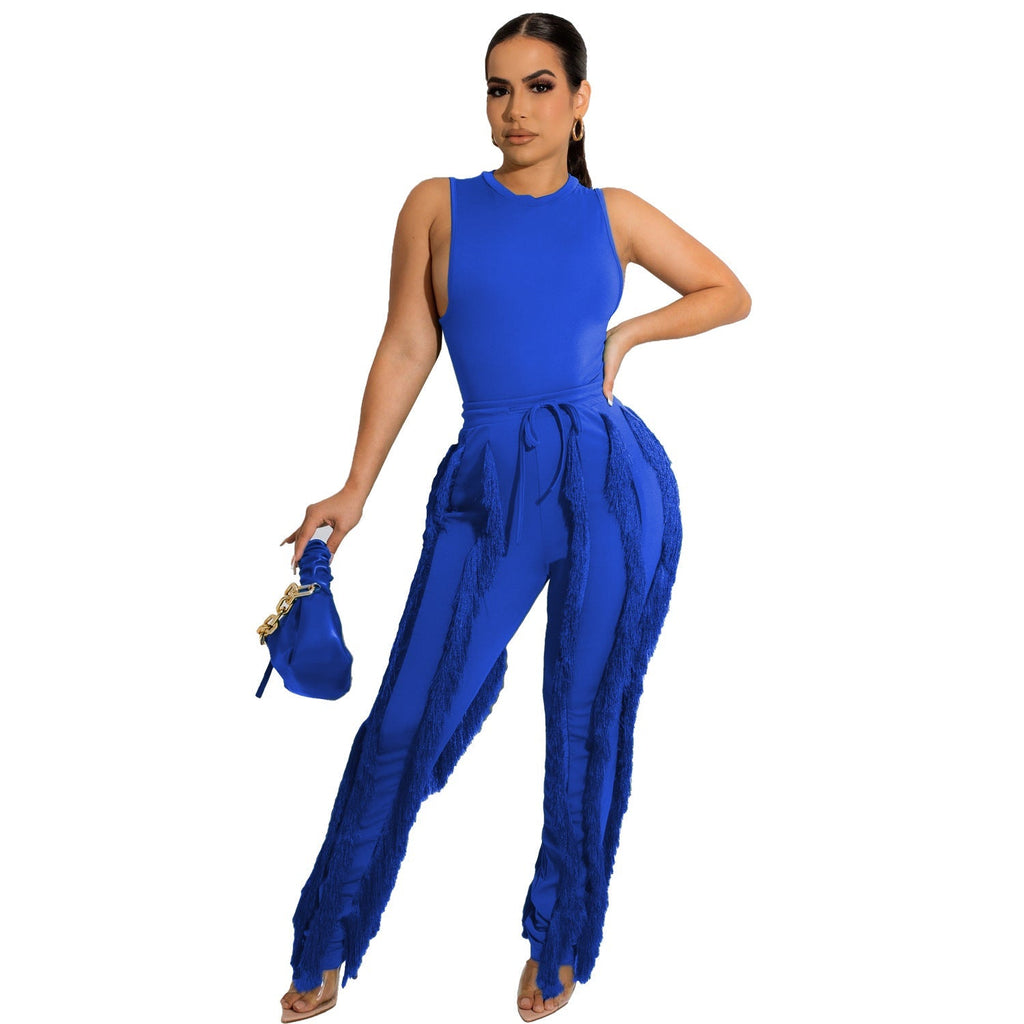 Two Piece Sleeveless Tops & Tassel Pants