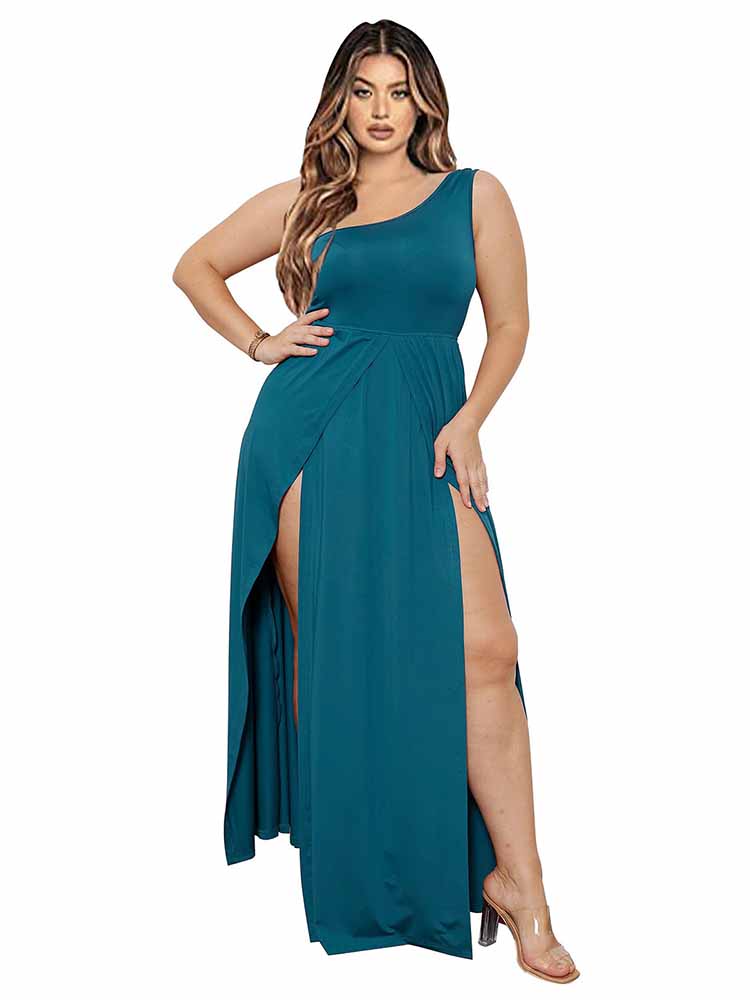 One Shoulder Split Solid Maxi Dresses