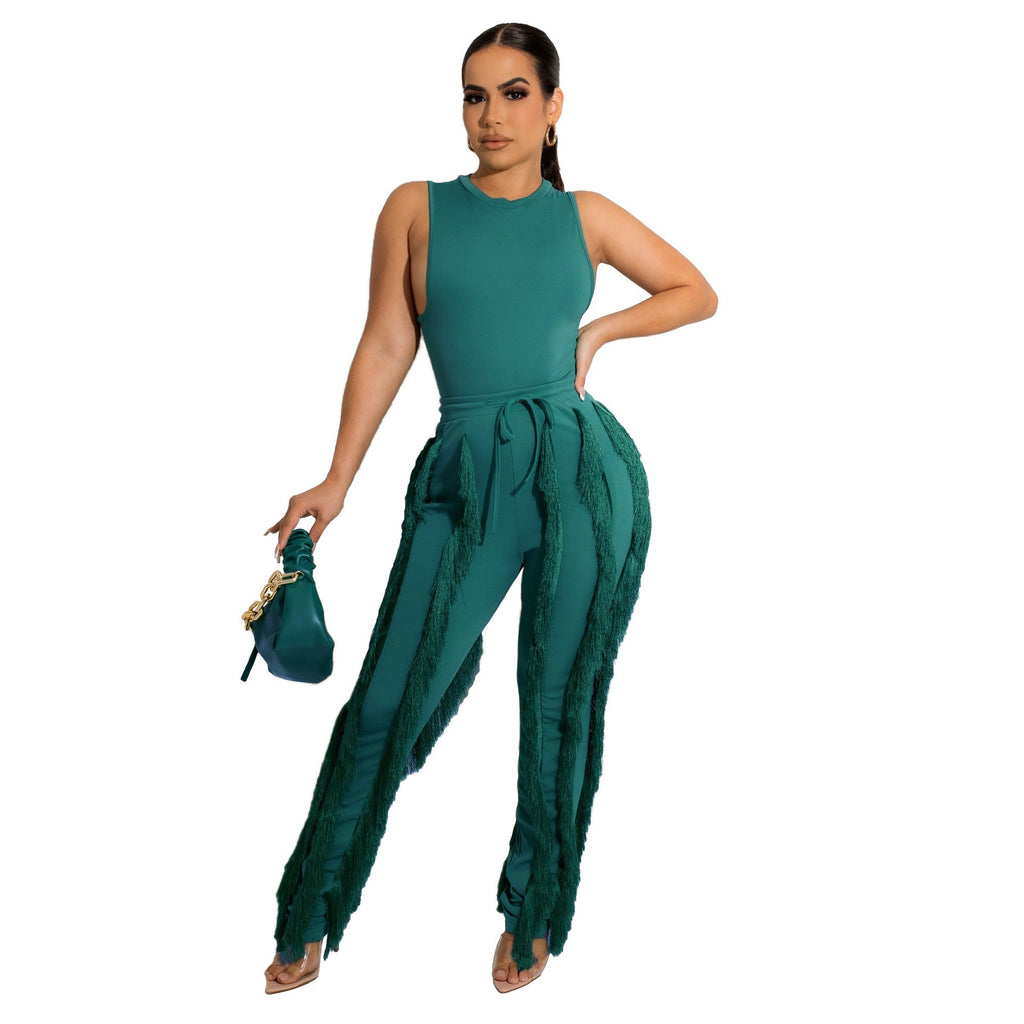 Two Piece Sleeveless Tops & Tassel Pants