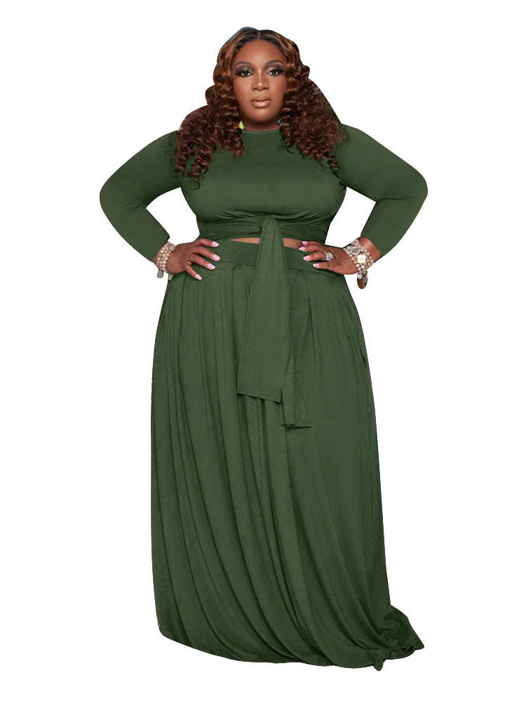 Two Piece Solid Crop Top Maxi Skirt Plus Size Set