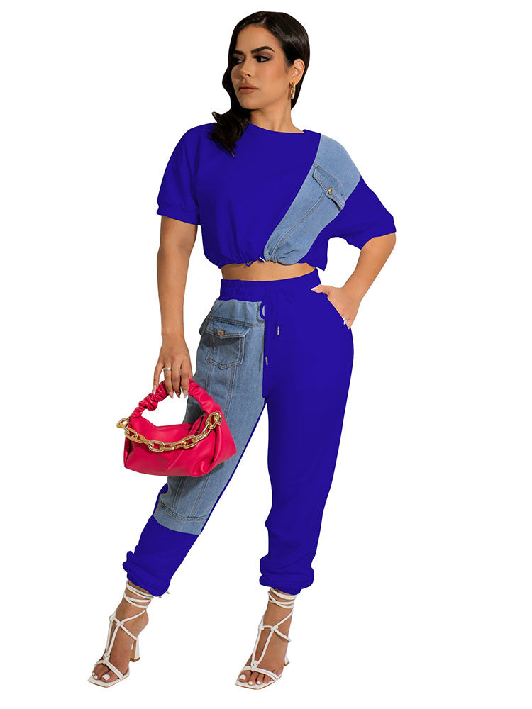 Two Piece Denim Patchwork Crop Top & Long Pants