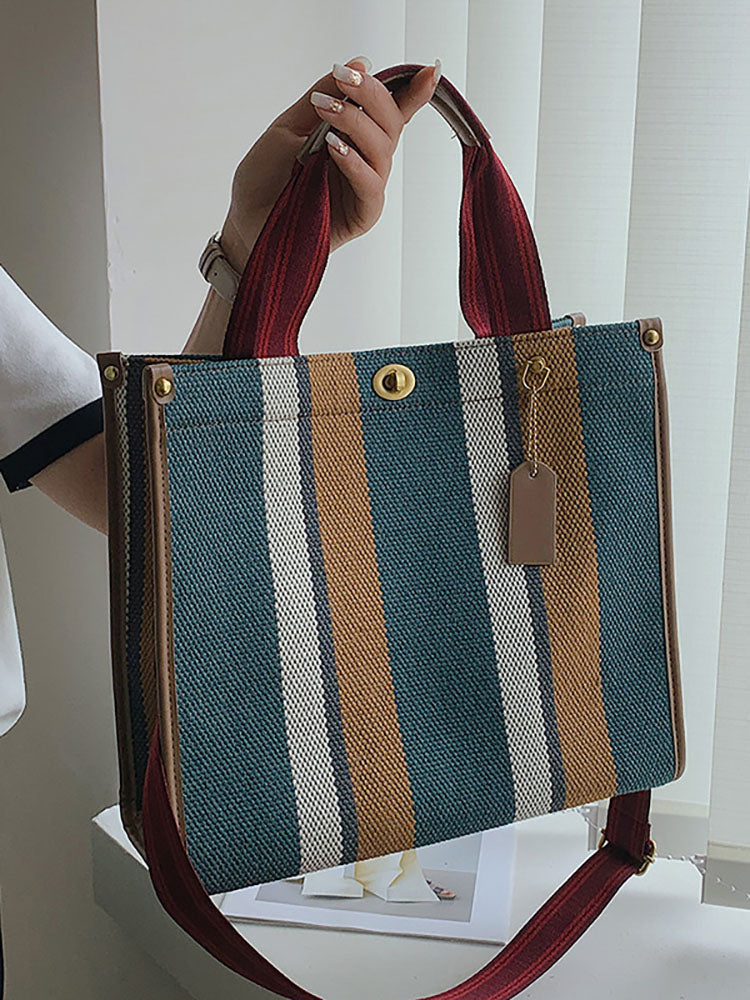 Striped Print Canvas Tote Shoulder Bags