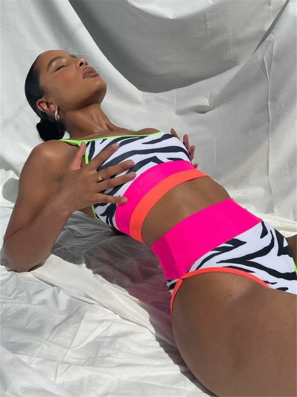 Pink Zebra Striped High Waist Bikini