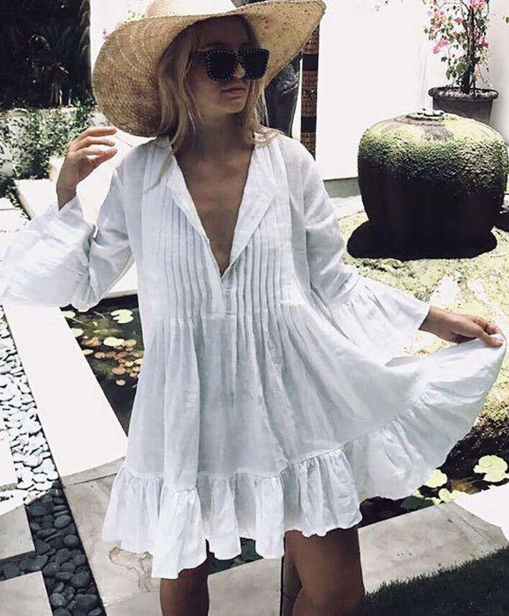 Sunset and Swim Loose Pleated White Beach Cover Up Dress