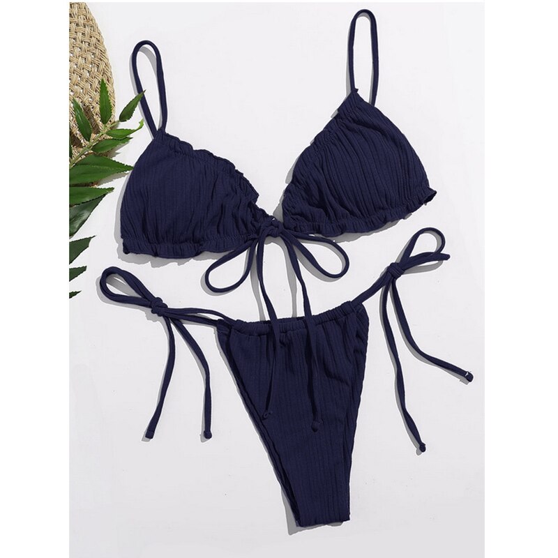 Brazilian Ruffle Ruched Solid Bikini