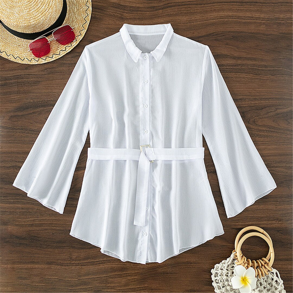 White Long Sleeve Shirt With Belt Bikini Cover Up