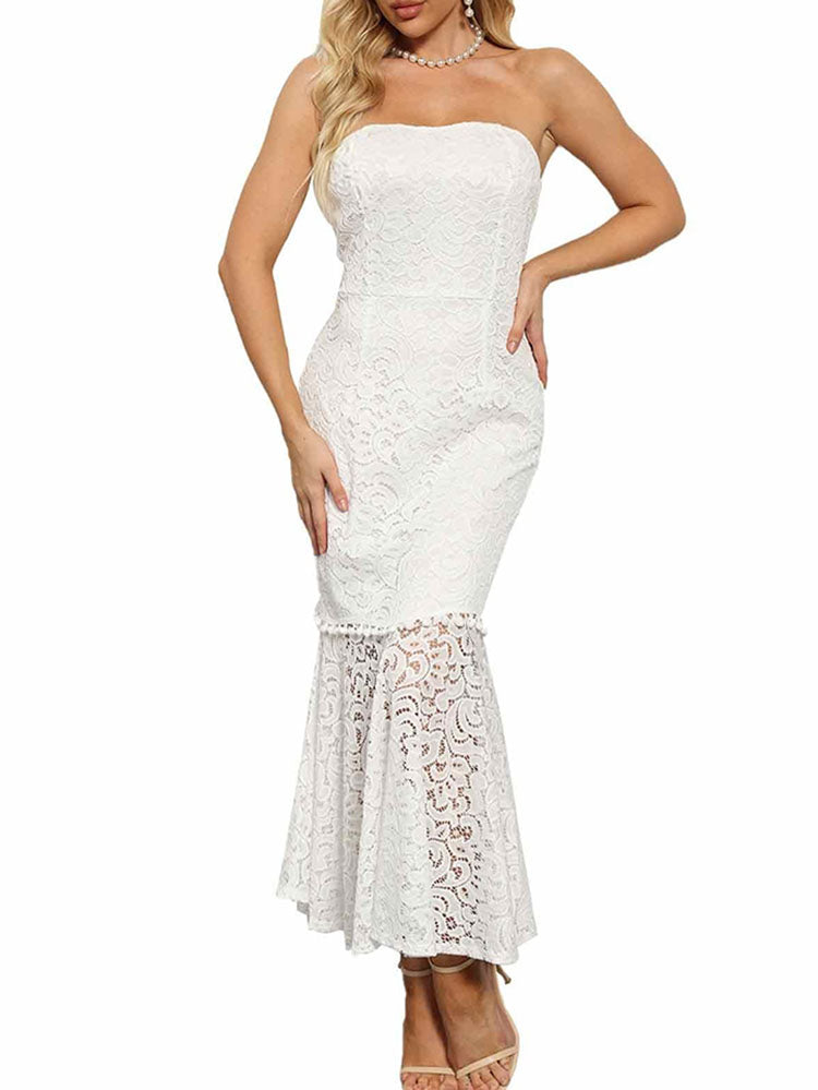 Lace Off Shoulder Ruffle Hem Maxi Dresses