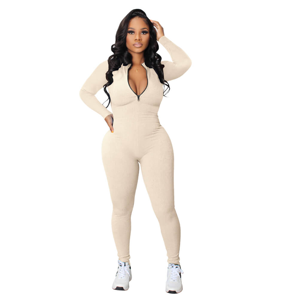 Knit Zipper Long Sleeves Elastic Jumpsuits