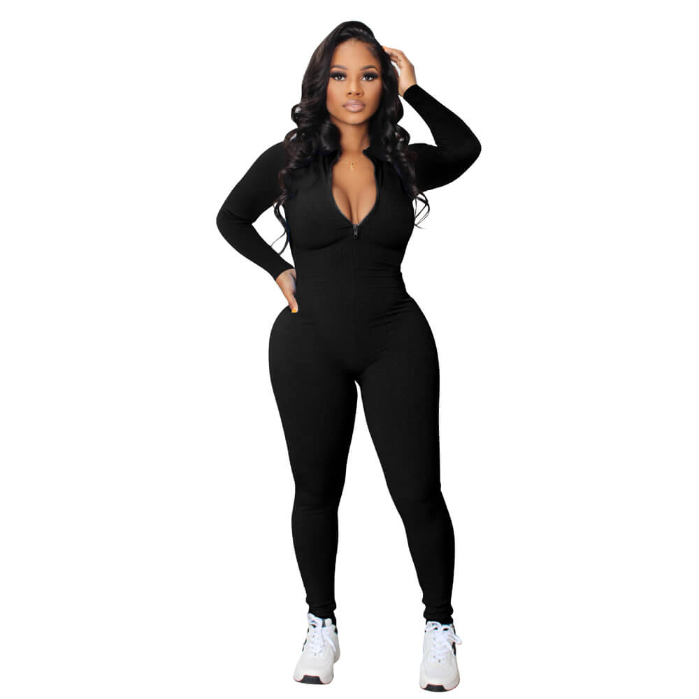 Knit Zipper Long Sleeves Elastic Jumpsuits