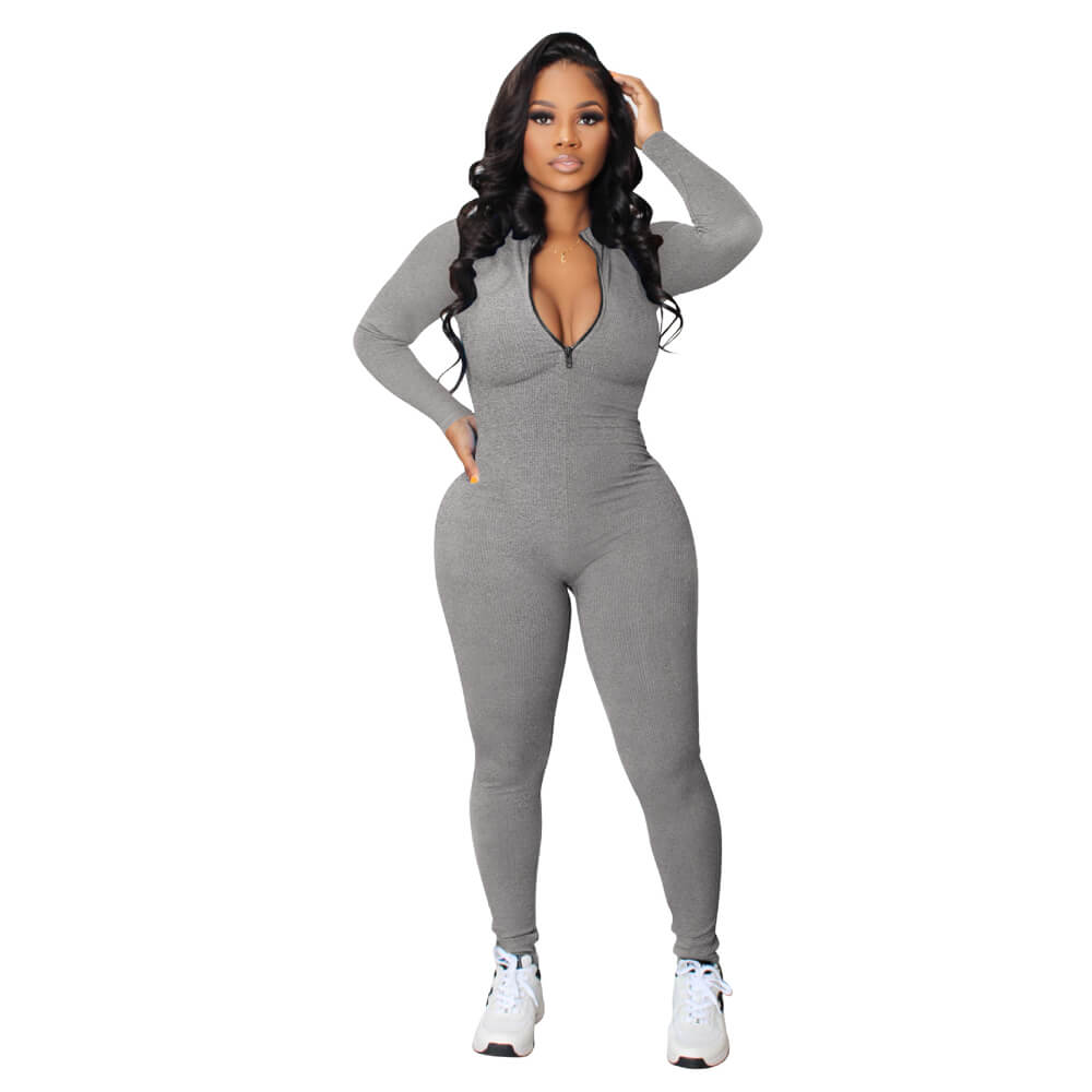 Knit Zipper Long Sleeves Elastic Jumpsuits