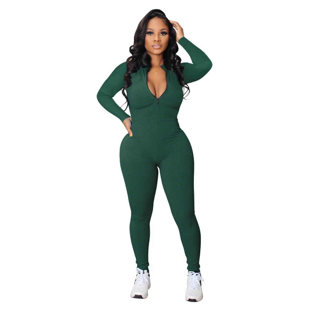 Knit Zipper Long Sleeves Elastic Jumpsuits