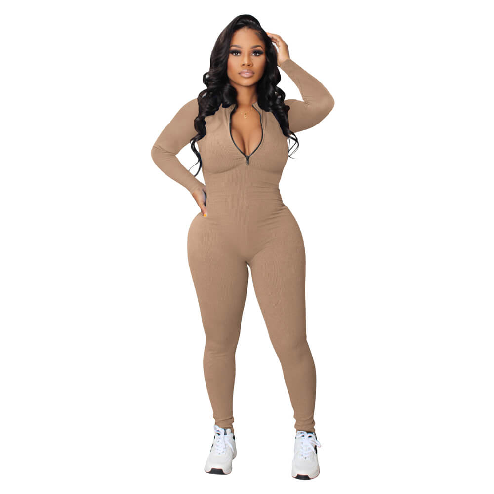 Knit Zipper Long Sleeves Elastic Jumpsuits