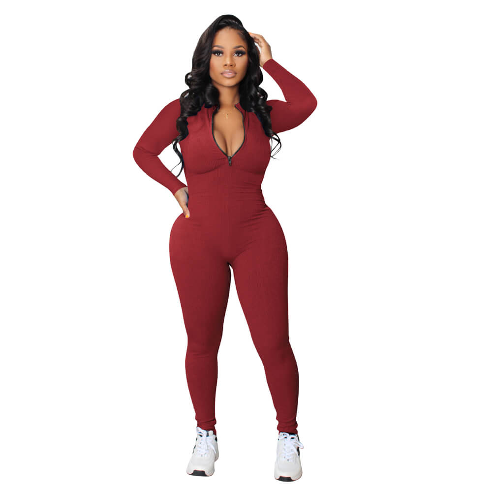 Knit Zipper Long Sleeves Elastic Jumpsuits