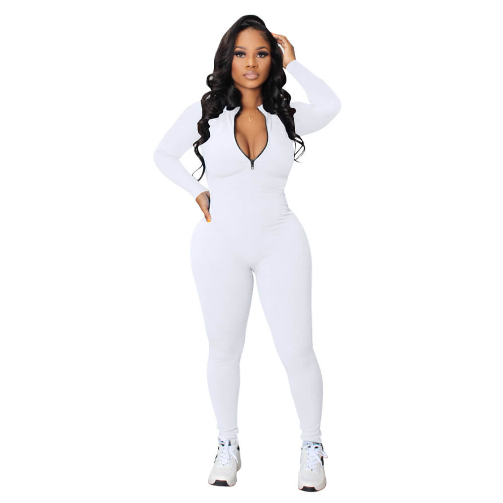 Knit Zipper Long Sleeves Elastic Jumpsuits