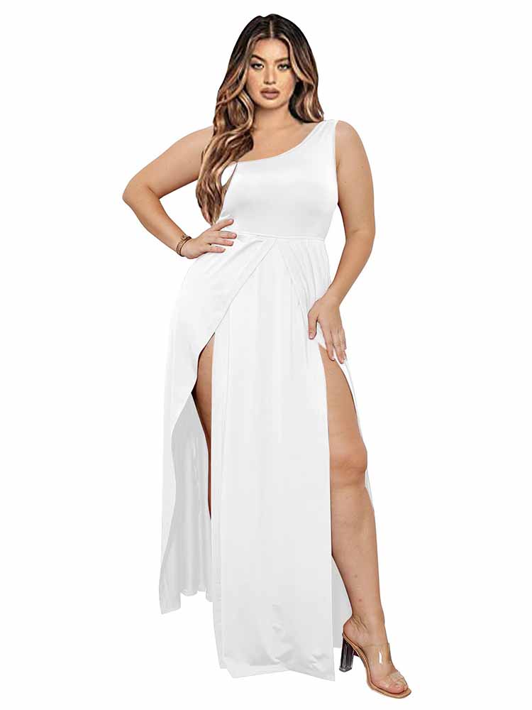 One Shoulder Split Solid Maxi Dresses