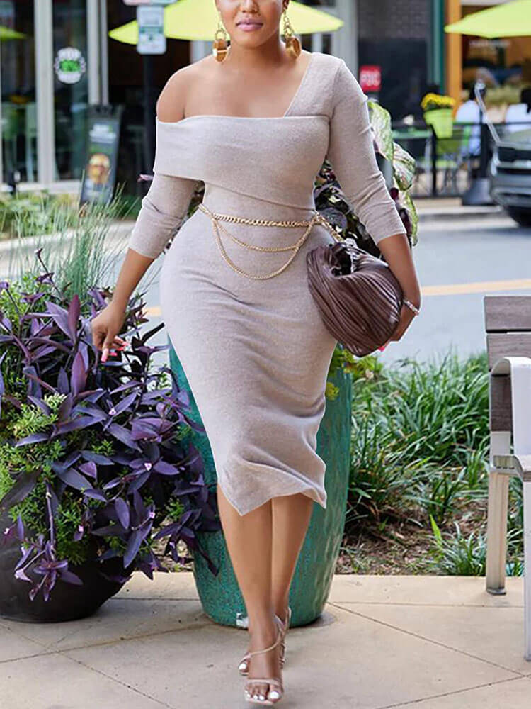 One Shoulder Long Sleeve Slit Midi Dresses