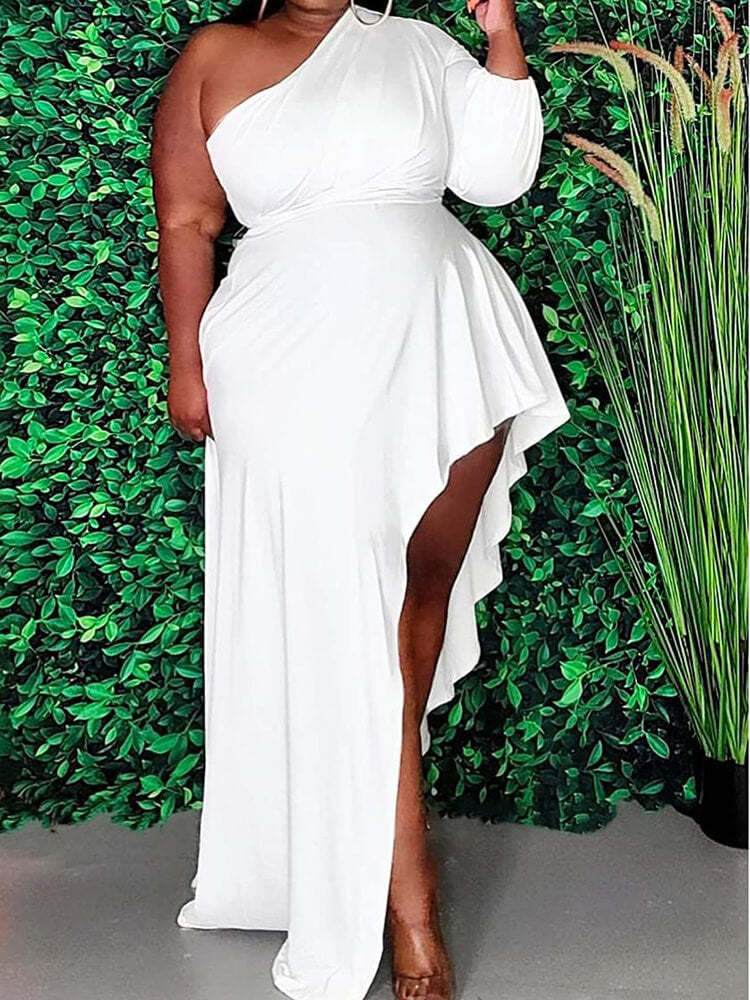 Plus Size One Sleeve Ruffle Asymmetrical Maxi Dress