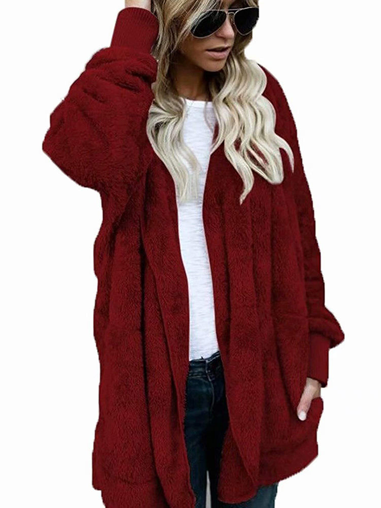 Hooded Cardigan Fluffy Fleece Coat Open Front Jacket