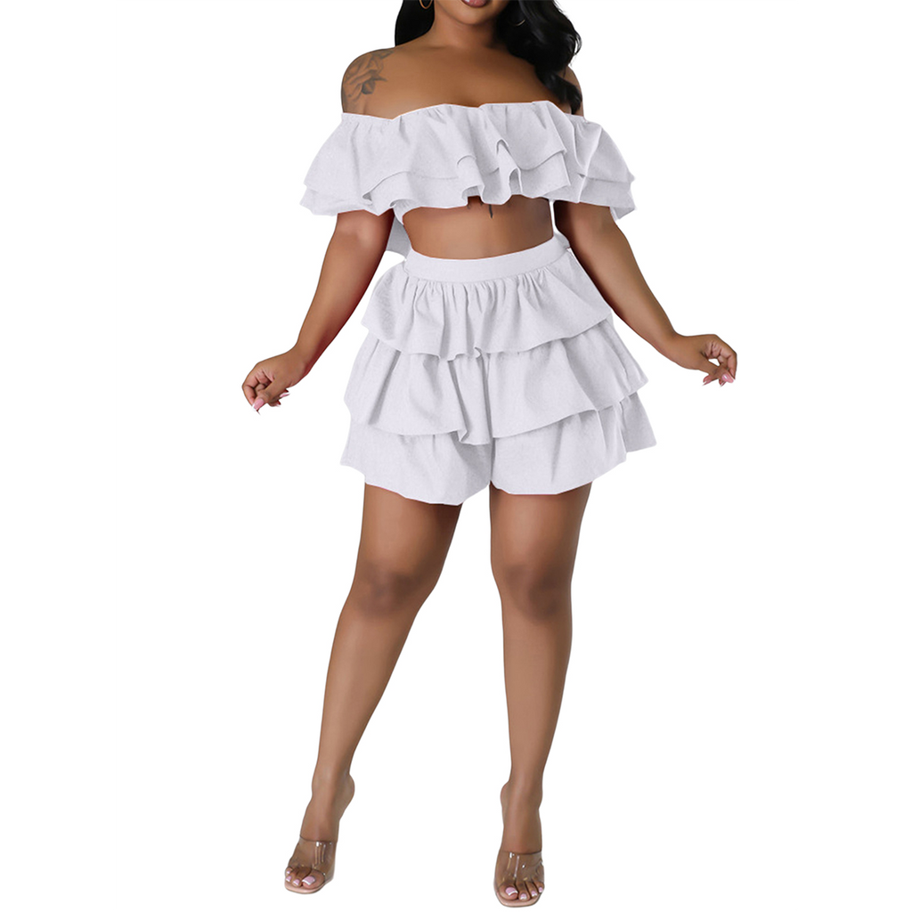 Two Piece Ruffle Crop Top Short Skirt Set