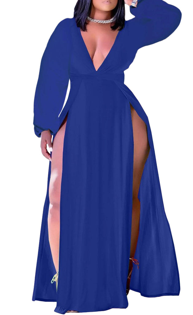 Long Sleeve V Neck Split Maxi Dress