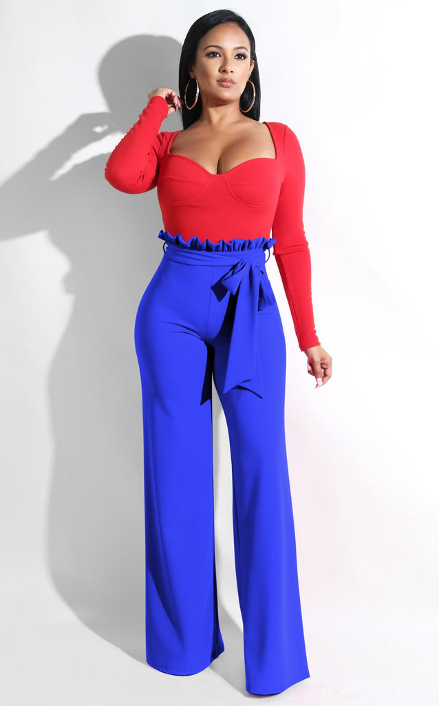 High Waist Ruffle Lace Up Wide Leg Pants