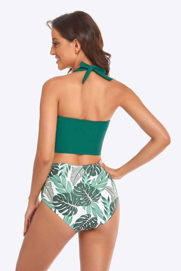 Botanical Print Halter Neck Drawstring Detail Bikini Set