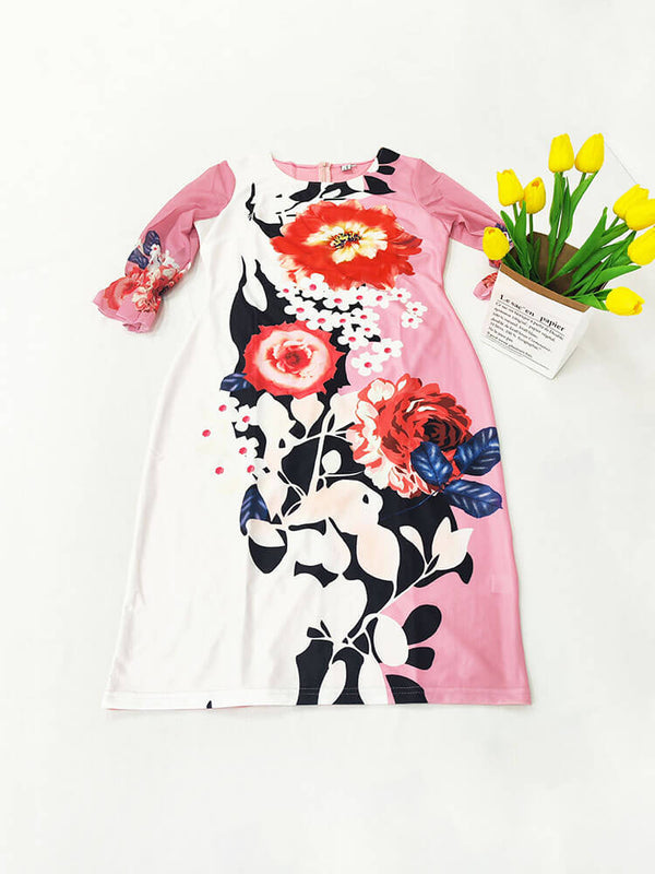 Mesh Sleeve Floral Print Bodycon Midi Dresses