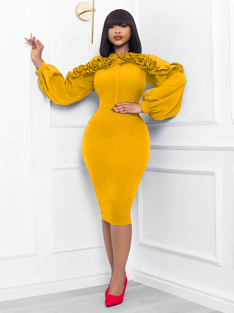 Long Lantern Sleeve Ruffle Midi Dresses