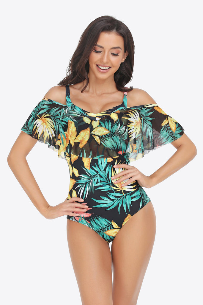 Sunset and Swim Botanical Print Cold-Shoulder Layered One-Piece Swimsuit