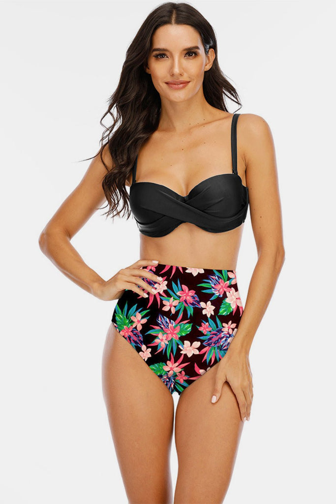 Adriana Printed High Waist Plus Size Crisscross Spaghetti Strap DD+ Bikini Set