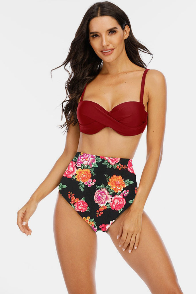 Adriana Printed High Waist Plus Size Crisscross Spaghetti Strap DD+ Bikini Set