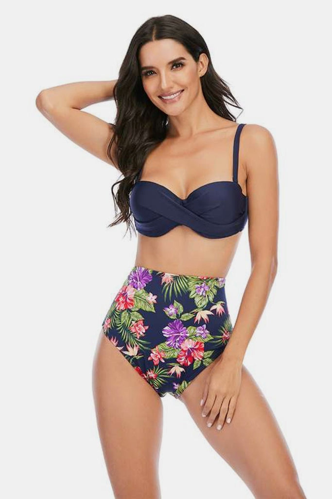 Adriana Printed High Waist Plus Size Crisscross Spaghetti Strap DD+ Bikini Set