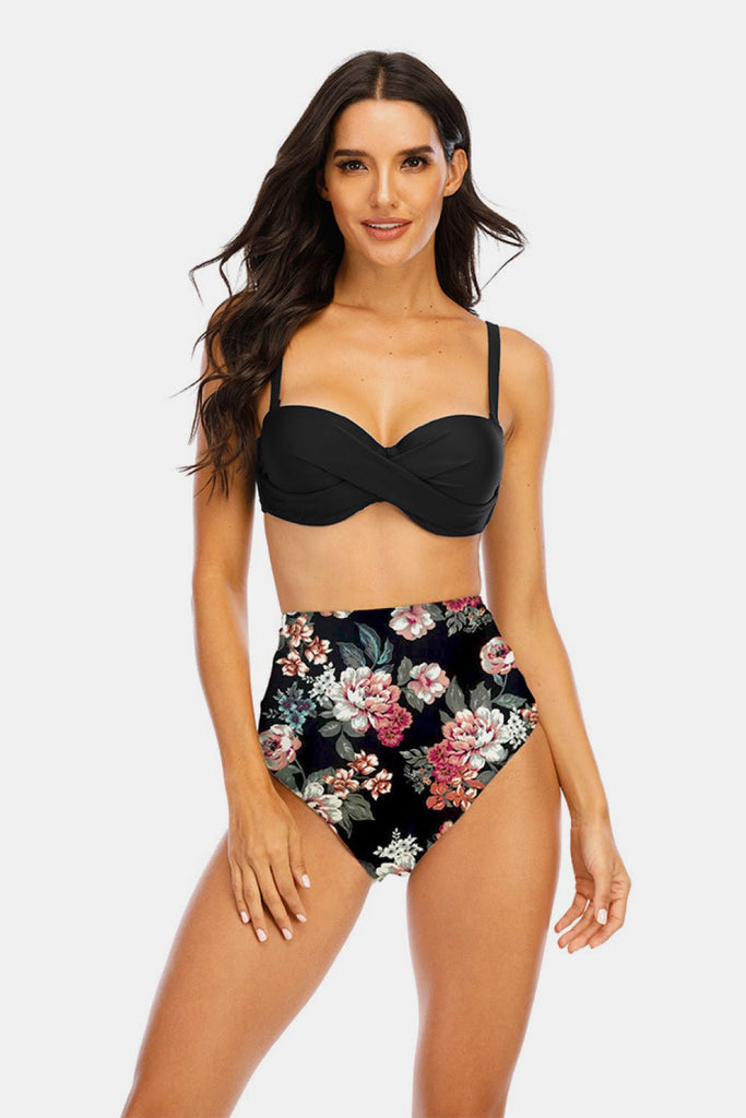 Adriana Printed High Waist Plus Size Crisscross Spaghetti Strap DD+ Bikini Set