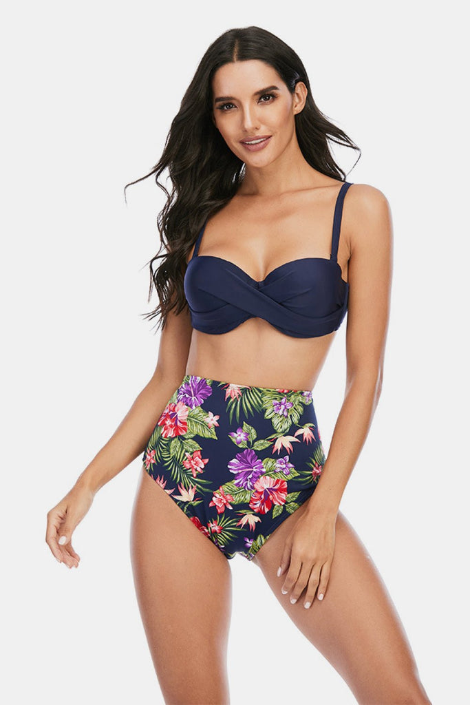 Adriana Printed High Waist Plus Size Crisscross Spaghetti Strap DD+ Bikini Set