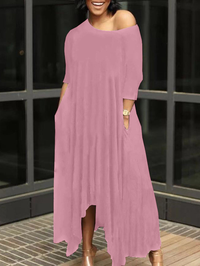 Half Sleeve Solid Asymmetrical Maxi Dresses