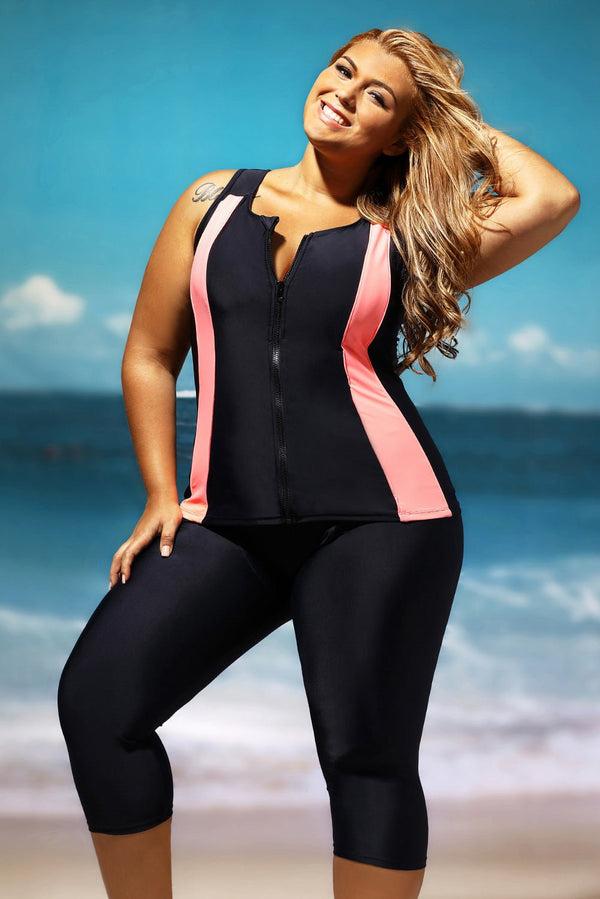 Ava Striped Elastic Waistband Two-Piece Wetsuit Plus Size Zip Up Swimsuit